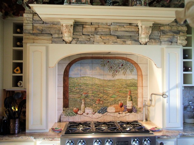 hand painted ceramic tile mural decorating kitchen backsplash wall