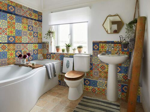 handmade ceramic tiles from Mexico decorating a bathroom wall